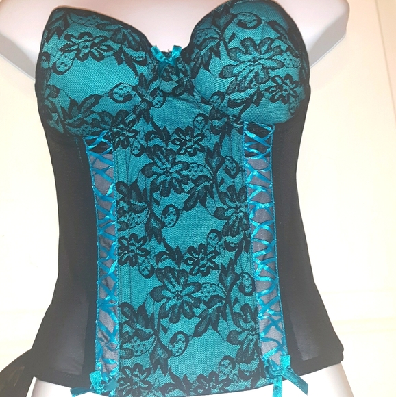 ☆Brand NEW☆Sexy Lace Push-Up Teal Blue & Black Bustier/G-String/Corset Set-Small - Picture 5 of 16